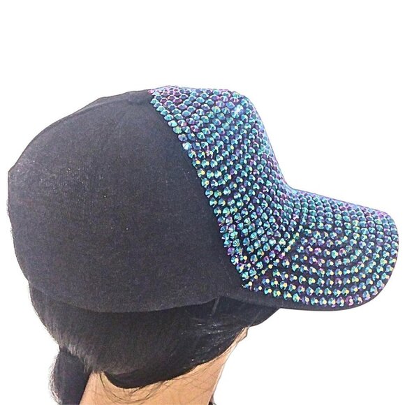 CRYSTAL EMBELLISHED BASEBALL CAP HAT W/ BLUE & PURPLE IRIDESCENT CRYSTALS - NWOT - Picture 3 of 5